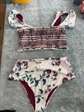 Floral Smocked Two-Piece Bikini Set in Cream and Berry